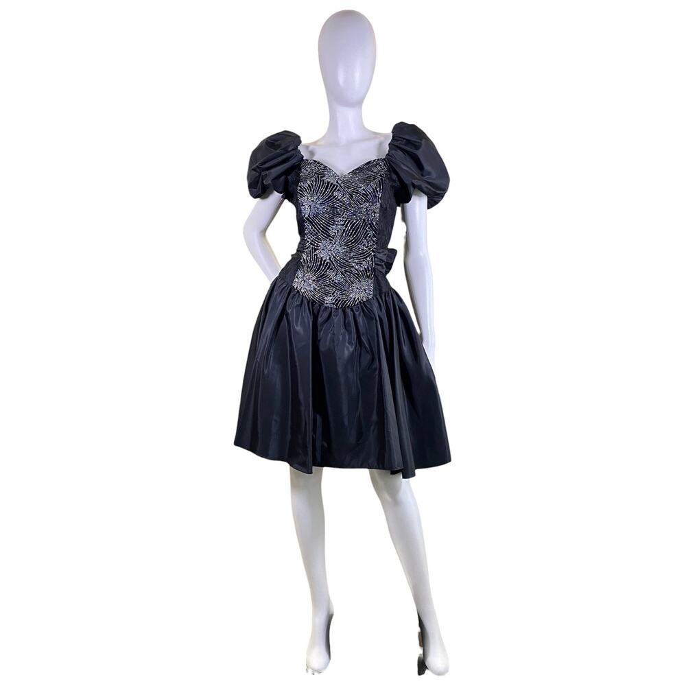 1980s Black Puff Sleeve Party Dress | Velvet Taffeta Prom Dress Size 9